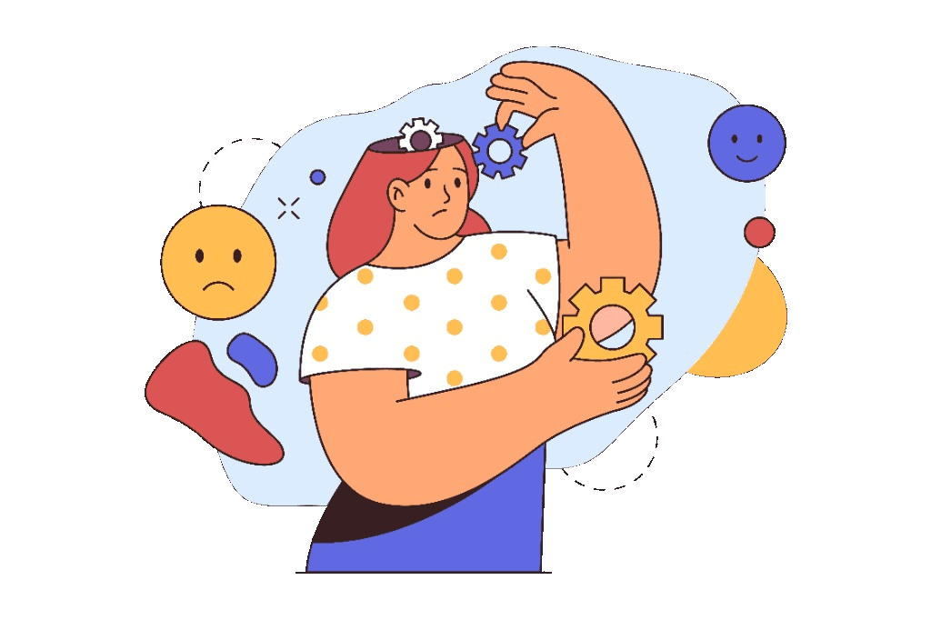 Illustration of shifting moods: a figure with theater masks and symbols of both joy and sadness.