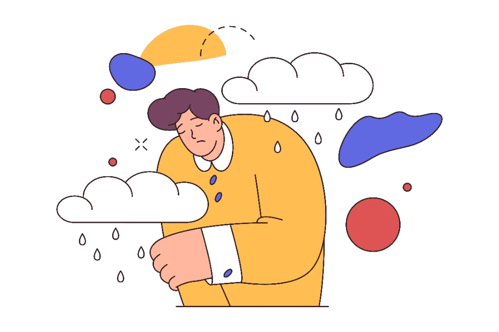 Illustration of low mood: a figure beneath rain clouds with a heavy, inward posture.