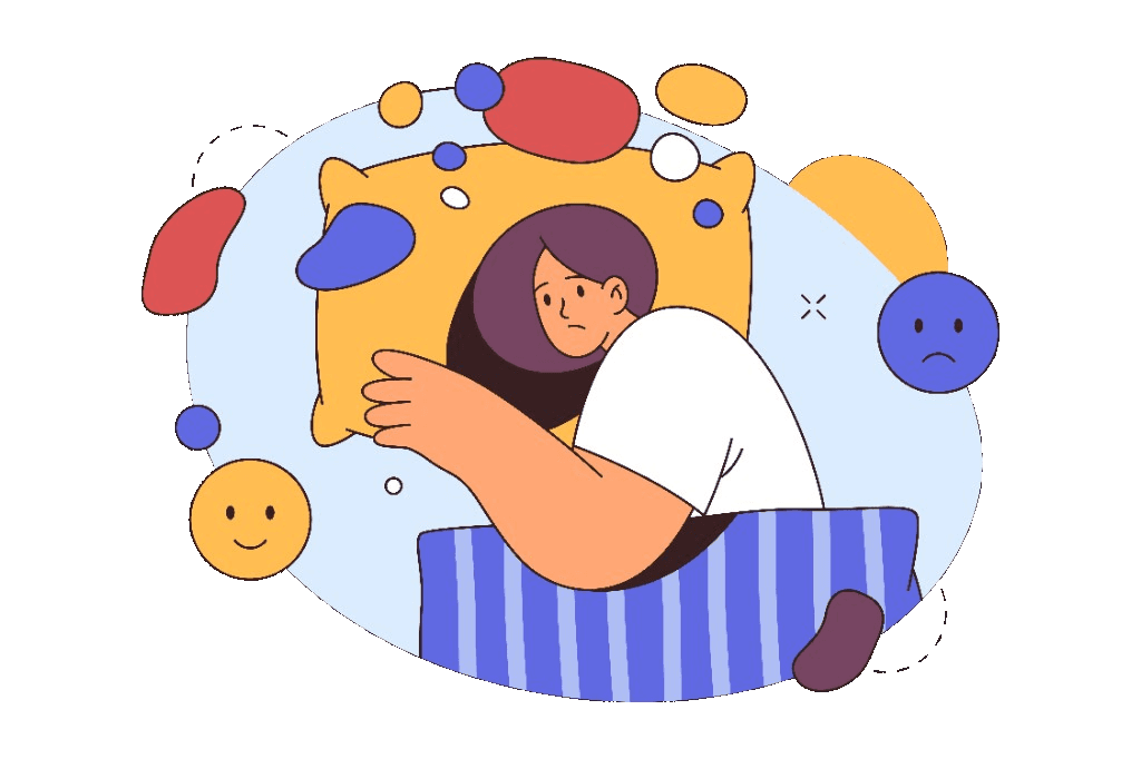 Illustration of sleeplessness: a figure lies awake in bed hugging a pillow, fatigued and alert.