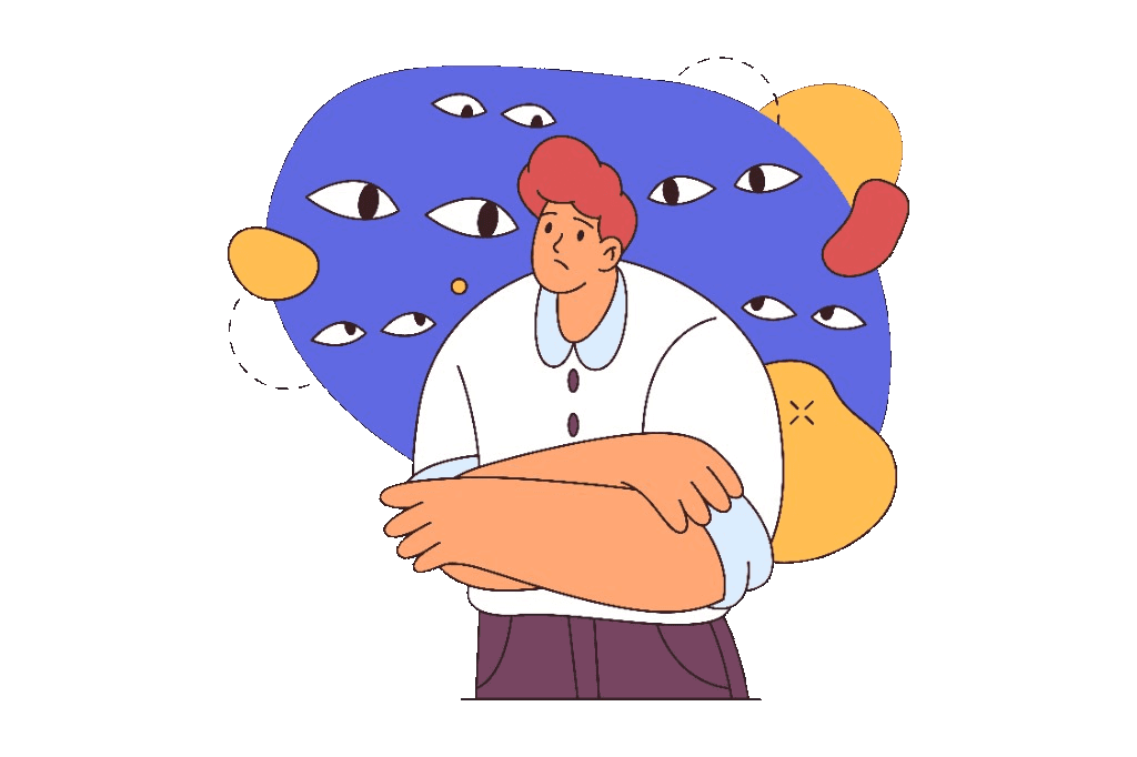 Illustration of feeling trapped by thoughts: a figure constrained within a wavy-edged frame.