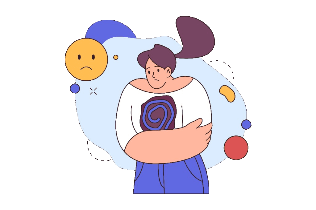 Illustration of low mood and emotional weight: a figure in a comforting hold with symbols of inner turmoil.