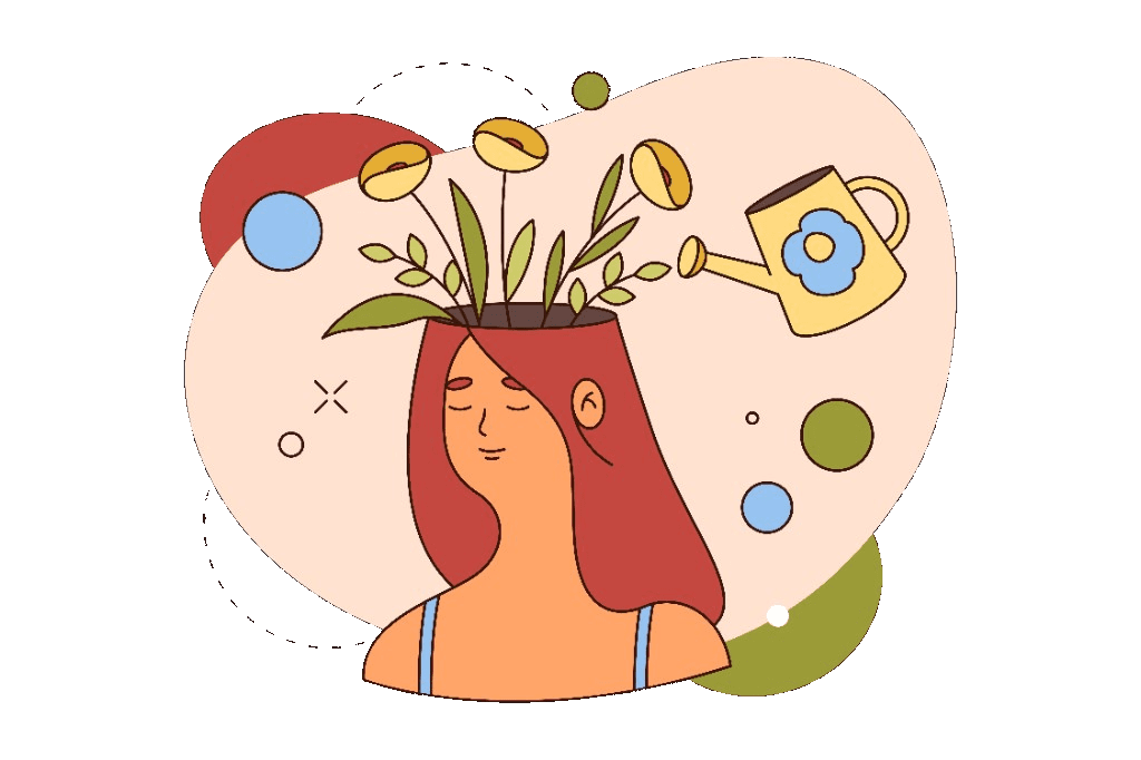Illustration of self-care and growth: flowers bloom from a peaceful figure as a watering can nurtures them.